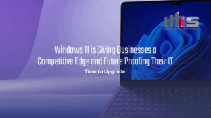 Laptop displaying Windows 11 desktop on a purple background, with the text "Windows 11 is Giving Businesses a Competitive Edge and Future Proofing Their IT – Time to Upgrade" and the TeamMIS (Believe • Trust • Invest) logo in the top right corner.