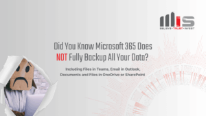 A graphic with the headline "Did You Know Microsoft 365 Does NOT Fully Backup All Your Data?" in large text. The words "NOT" are in bold red for emphasis. Subtext reads, “Including Files in Teams, Email in Outlook, Documents and Files in OneDrive or SharePoint.” A sad face is drawn on a cardboard box worn over a person's head, peeking out from a torn paper corner, while the background features a minimalist red and gray data visualization. The TeamMIS (Believe. Trust. Invest) logo appears in the top right corner.
