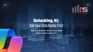 Digital-themed graphic with glowing binary code and hexagonal patterns on a dark blue background. The text reads: “Unlocking AI: Get Your Data Ready First – Why Your Business Needs a Data Audit Before Using Copilot or AI.” In the top right is the TeamMIS (Believe • Trust • Invest) logo, and in the bottom left corner is a colorful ribbon resembling the Microsoft Loop logo.