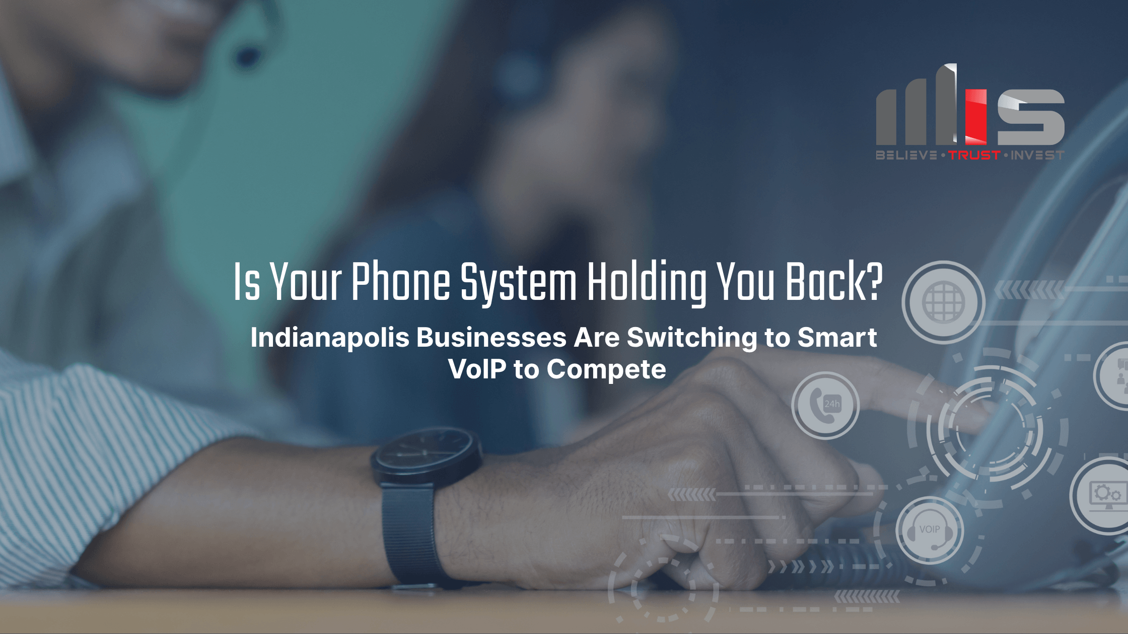 A man using a desk phone while working at a call center, with digital VoIP and communication icons overlaid. TeamMIS's logo (Believe, Trust, Invest) is in the upper right corner.