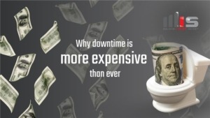 Illustration of U.S. hundred-dollar bills falling against a gray background, with one bill rolled up and placed inside a white toilet. Text reads: “Why downtime is more expensive than ever,” and the TeamMIS logo appears in the top-right corner.