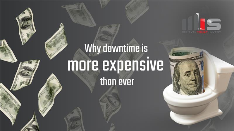 Illustration of U.S. hundred-dollar bills falling against a gray background, with one bill rolled up and placed inside a white toilet. Text reads: “Why downtime is more expensive than ever,” and the TeamMIS logo appears in the top-right corner.
