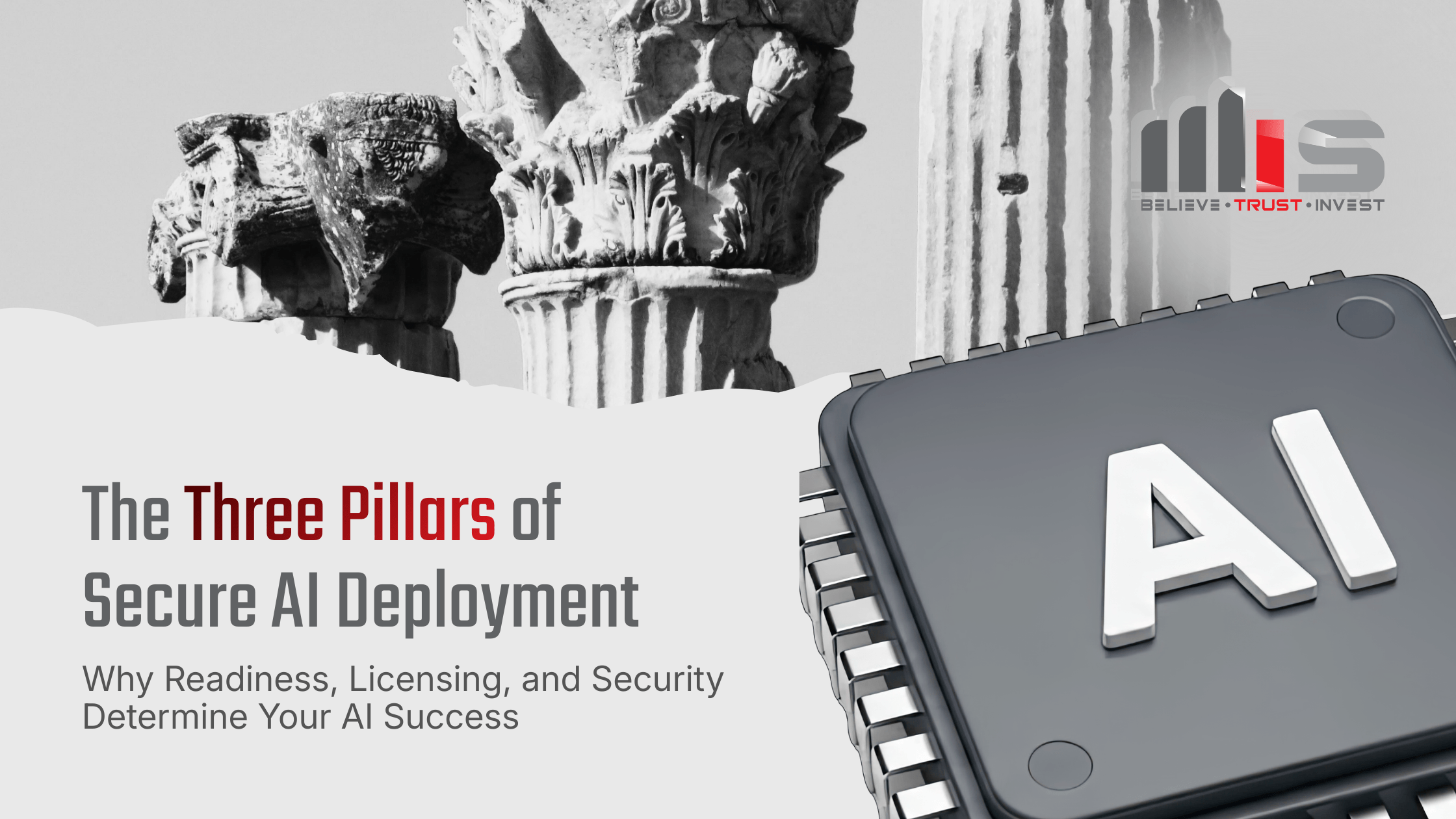 A clean, professional blog header featuring the headline “The Three Pillars of Secure AI Deployment” with a subheading explaining that readiness, licensing, and security determine AI success. The background includes black-and-white classical stone pillars, alongside a large 3D AI microchip graphic. The TeamMIS logo appears in the top corner.