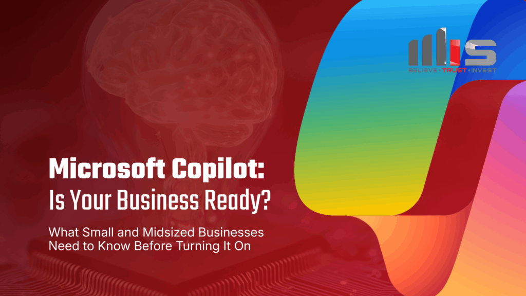 A bold red and gradient-branded blog banner featuring the headline “Microsoft Copilot: Is Your Business Ready?” The subheading reads, “What Small and Midsized Businesses Need to Know Before Turning It On.” A faint illustration of a human brain appears in the background, symbolizing artificial intelligence, while Copilot's logo sits on the right. The TeamMIS logo is displayed in the top corner.