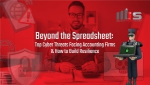 a smiling professional at a desk, a 3D security guard character holding a laptop with a lock icon, and red-toned cybersecurity warning symbols including shields, padlocks, and a skull icon. Branded with the TeamMIS Believe Trust Invest logo.