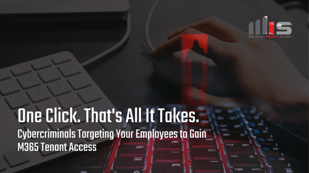 a hand hovering over a red-backlit gaming keyboard in a dark setting, with a numeric keypad visible to the left. Text reads: 'One Click. That's All It Takes. Cybercriminals Targeting Your Employees to Gain M365 Tenant Access.'