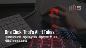 a hand hovering over a red-backlit gaming keyboard in a dark setting, with a numeric keypad visible to the left. Text reads: 'One Click. That's All It Takes. Cybercriminals Targeting Your Employees to Gain M365 Tenant Access.'