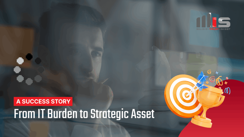 a pensive man at a computer in a dimly lit office, alongside a 3D illustration of a bullseye target and gold trophy with confetti. Text reads: 'A Success Story – From IT Burden to Strategic Asset.'