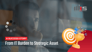 a pensive man at a computer in a dimly lit office, alongside a 3D illustration of a bullseye target and gold trophy with confetti. Text reads: 'A Success Story – From IT Burden to Strategic Asset.'