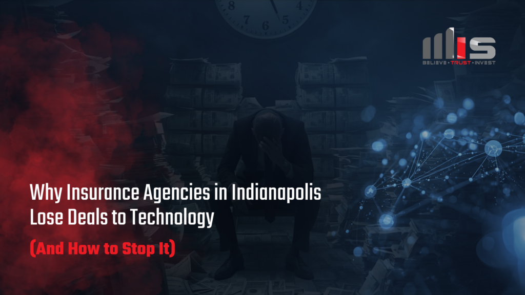 A frustrated figure surrounded by paperwork and a clock, with a digital network graphic on the right and text overlaid reading "Why Insurance Agencies in Indianapolis Lose Deals to Technology (And How to Stop It)".