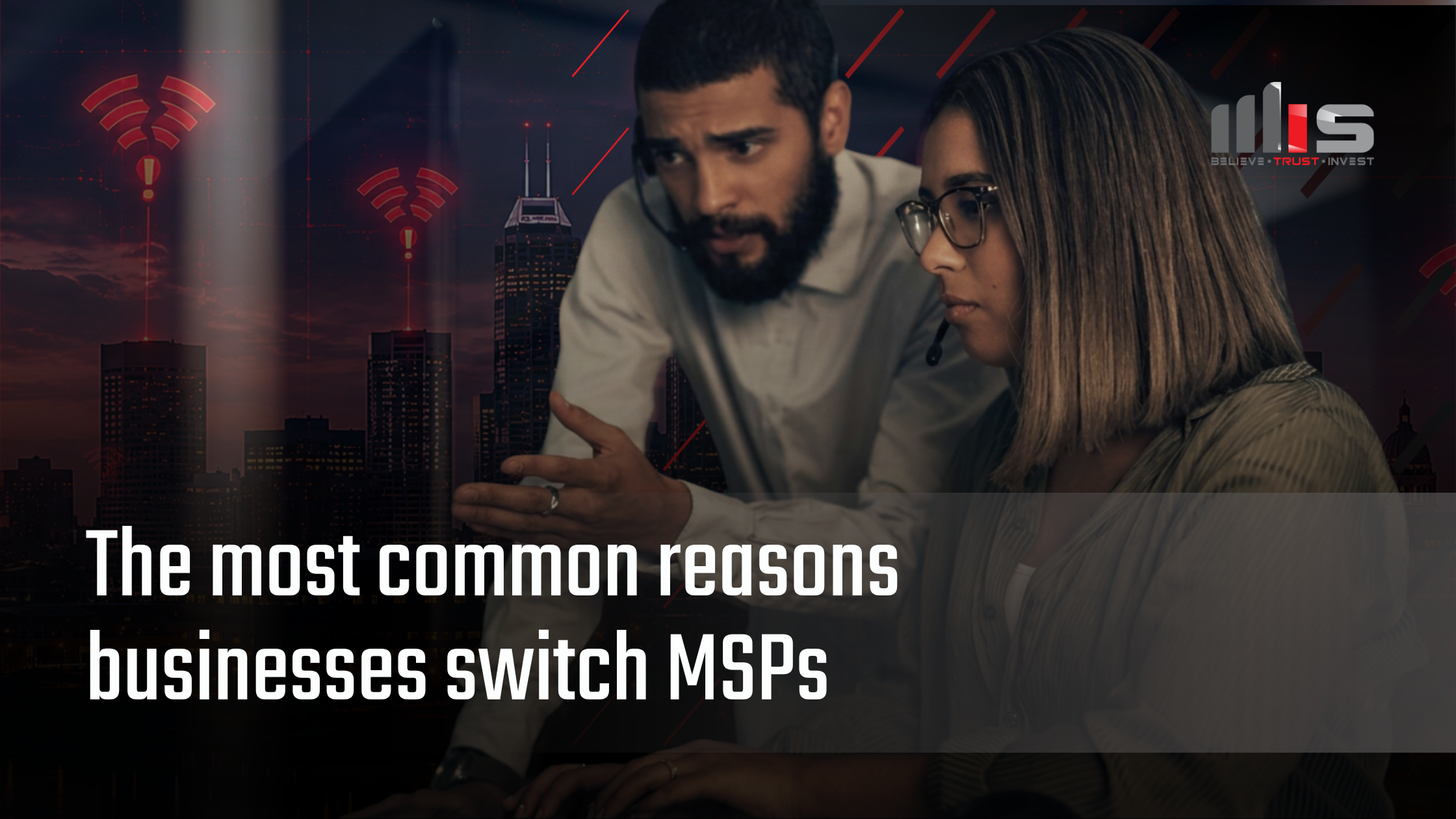 With IT support not responding, two concerned but focused professionals troubleshoot a computer during an internet outage.